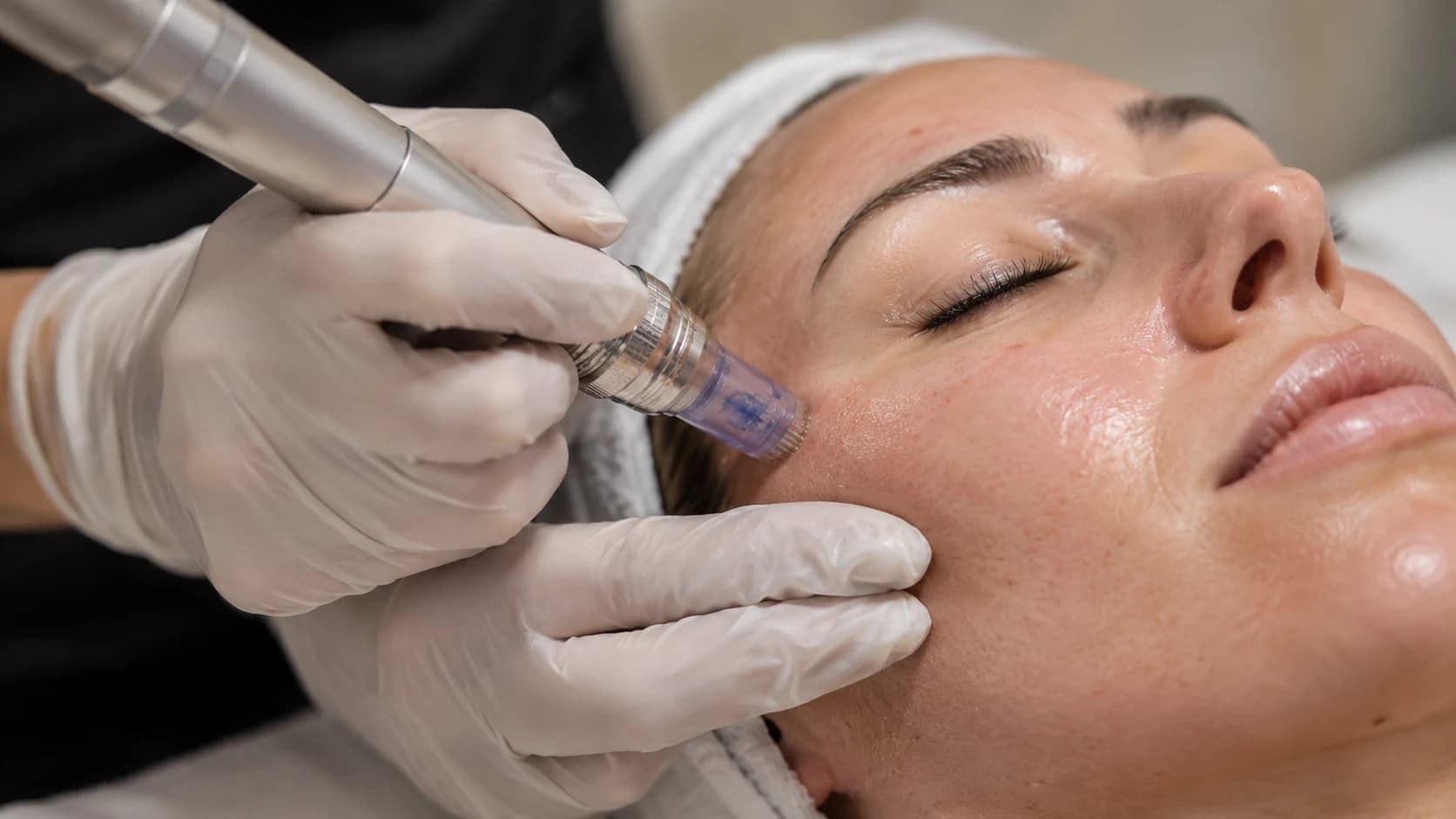 Microneedling op de wang met een behandelpen en gehandschoende handen